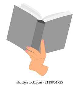 An open book in his hand. Thick book in one hand, bottom view. Reading a book, library, bookstore, training, education. Vector icon, flat, isolated