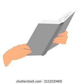 Un libro abierto en su mano. Dos manos sostienen un libro abierto. Leyendo un libro, biblioteca, librería, entrenamiento, educación. Icono del vector, plano, aislado