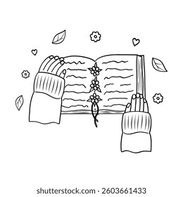 An open book in his hands, a contour drawing. Vector hand-drawn contour illustration of the book in his hands. An open book in his hands with a bookmark of flowers