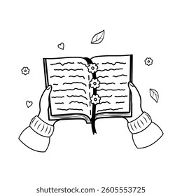 An open book in his hands, a contour drawing. Vector hand-drawn contour illustration of the book in his hands. An open book in his hands with a bookmark of flowers