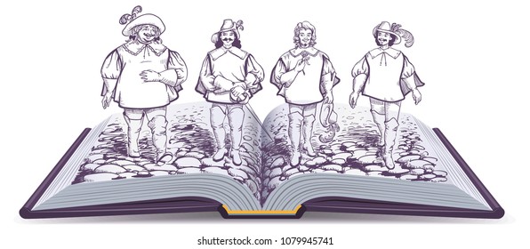 Open book historical novel illustration about three musketeers. Four friends are walking along road