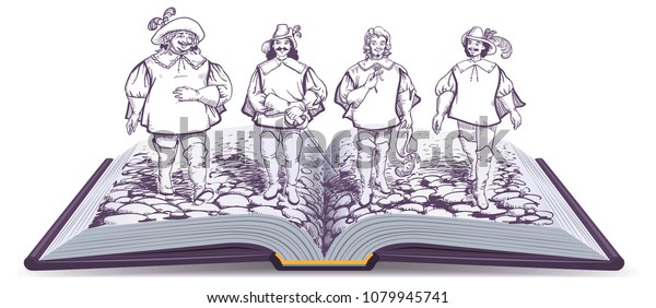 Open book historical novel\
illustration about three musketeers. Four friends are walking along\
road