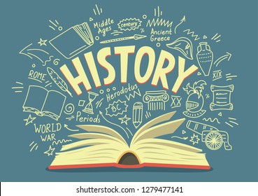 Open book with history doodles and lettering. Education vector illustration.