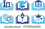 Open book history education knowledge learning ancient scroll globe compass crown scepter symbol study.