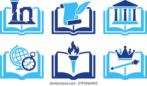 Open book history education knowledge learning ancient scroll globe compass crown scepter symbol study.