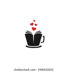 open book as a hot cup of coffee with hearts. Reading club, book club, hobby logo logo isolated on white background. Vector illustration.  Love reading logo. Romantic book pictogram. 