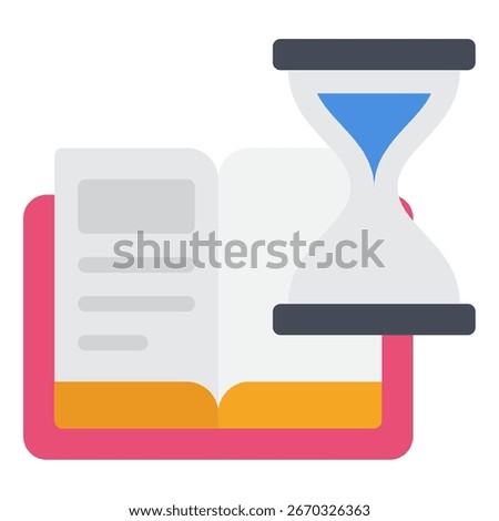 Open book with hourglass symbolizing learning and time management; suitable for education, e-learning, productivity, and knowledge resources.