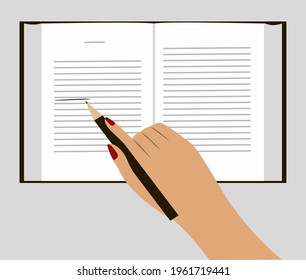 Open book. Human hand holding pencil View from above. Isolated vector illustration on gray background