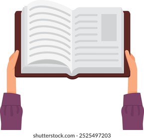 Livro aberto em mãos humanas. Ícone de cor de leitura