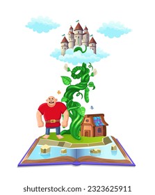 Open book with hungry giant character and beanstalk with castle in the clouds on the fairy tale Jack and the Beanstalk. Vector illustration in cartoon style for kids.