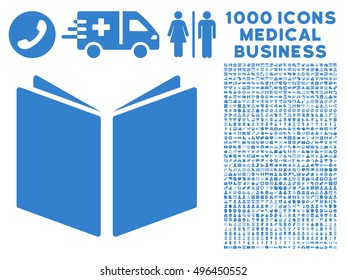 Open Book icon with 1000 medical commercial cobalt vector design elements. Clipart style is flat symbols, white background.