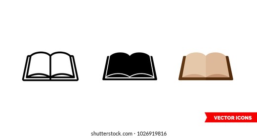 Open book icon of 3 types: color, black and white, outline. Isolated vector sign symbol.