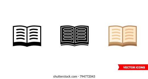 Open book icon of 3 types: color, black and white, outline. Isolated vector sign symbol.