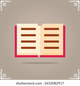 Ícone de livro aberto em pixel art de 8 bits para recursos de jogo ou padrões de ponto cruzado