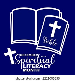 Open book icon with a bible book and bold text on dark blue background to commemorate Spiritual Literacy Month on December