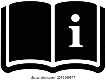 Open book icon, black color pages and white 'i' symbol on the right page. Vector graphic suggests information, guidance or user manual and useful for educational themes.