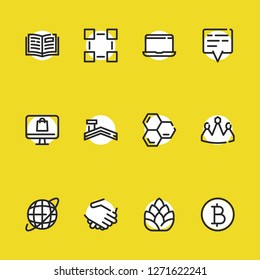 Open book icon with blockchain, ecommerce, handshake symbols. Set of laptop, cryptocurrency, global icons and read concept. Editable vector elements for logo app UI design.