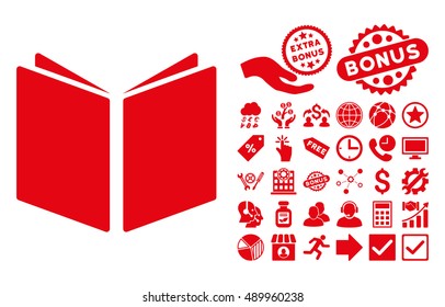 Open Book icon with bonus elements. Vector illustration style is flat iconic symbols, red color, white background.