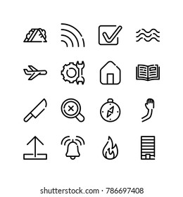 Open book icon with building, service and magnify editable symbols. Set of upload, hand, checkbox icons and jingle concept. Editable vector elements for logo app UI design.