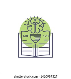 open book icon with bulb style brain - vector sign and symbol.