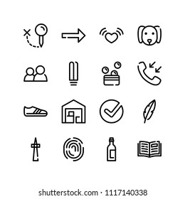 Open book icon with call, arrow and feather symbols. Set of arrow, correct, quill icons and thumbprint concept. Editable vector elements for logo app UI design.