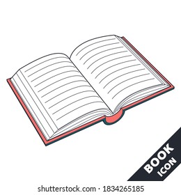 Abrir icono de libro. Ilustración vectorial 3D de dibujos animados en estilo plano sobre fondo blanco.