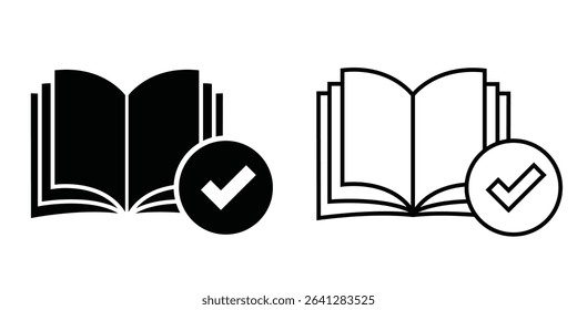 Open book icon with check mark symbol representing knowledge validation and achievements in a minimalist style