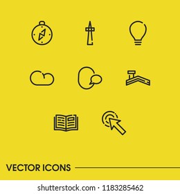 Open book icon with cloud, television and speak symbols. Set of chimney, construction, television icons and geography concept. Editable vector elements for logo app UI design.