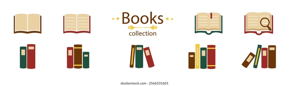 Open book icon collection. Books, reading silhouette flat icons. Book, linear style icons set. Literature.