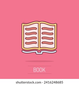 Open book icon in comic style. Literature vector cartoon illustration on isolated background. Library business concept splash effect.