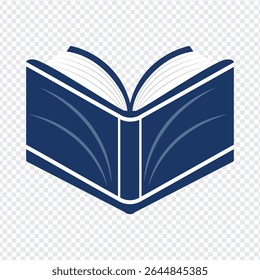 open book icon with dark blue cover and white pages on transparent background