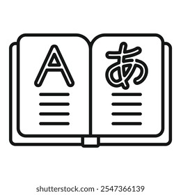 Open book icon with different alphabets and lines for translation, ideal for language learning resources