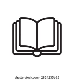 An open book icon featuring a clean black outline style suitable for web design, educational apps, digital libraries, and graphic user interfaces.