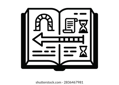 An open book icon featuring historical symbols including an archway, a scroll, and hourglasses with a directional arrow representing a timeline.