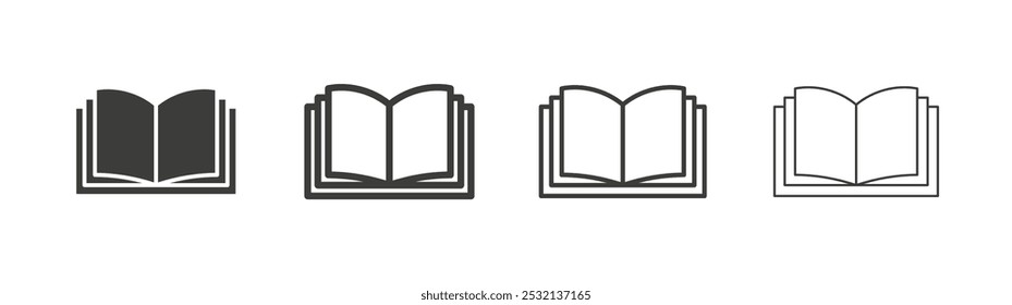 Ícone 'Abrir livro' em tamanhos de preenchimento e três traçados