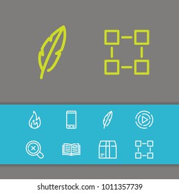 Open book icon with fire, package and magnify editable symbols. Set of plume, magnify, magnifier icons and search concept. Editable vector elements for logo app UI design.