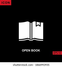 Abrir un glifo de icono del libro, blanco plano o relleno sobre fondo negro. Ilustración para gráficos, interfaces de medios impresos y diseño web.