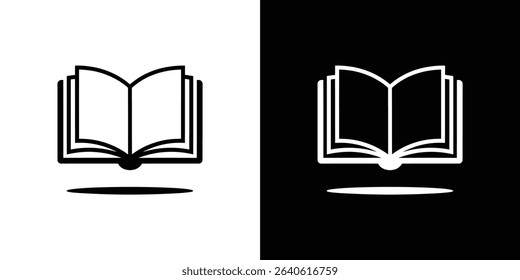 Open book icon, graphic vector illustration on contrasting black and white backgrounds. Simplistic image for education, knowledge, or reading concepts.