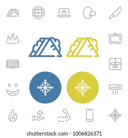 Open book icon with heat, speak and arm muscle editable symbols. Set of muscular, cutlery, hot icons and bicep concept. Editable vector elements for logo app UI design.