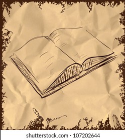 Open book icon isolated on vintage background. Hand drawing sketch vector illustration