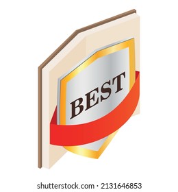 Open book icon isometric vector. Opened paper book with brown cover, best sign. Reading, education, learning, training