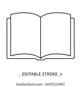 Open book icon in minimal line style with editable stroke. Reading object, knowledge source, education and learning element for study visuals, library themes, literature concept and academic design.
