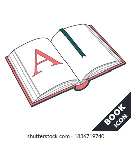 Open book icon with A on the page and a bookmark. Cartoon 3D vector illustration in flat style on white background.