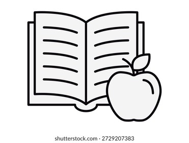 Open book icon with pages of text and a fruit apple next to it