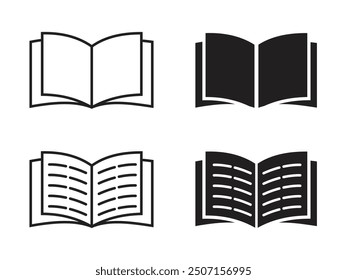 Open book icon pictogram vector,  read story book vector symbol in black filled and outlined style.