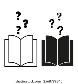 Open book icon. Question mark symbol. Knowledge vector shape. Learning illustration.