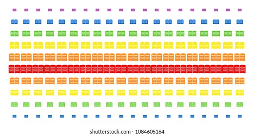 Open Book icon rainbow colored halftone pattern. Vector objects arranged into halftone grid with vertical spectrum gradient. Designed for backgrounds, covers, templates and abstract concepts.