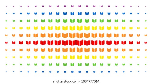 Open book icon rainbow colored halftone pattern. Vector open book items are arranged into halftone array with vertical spectrum gradient. Constructed for backgrounds, covers,