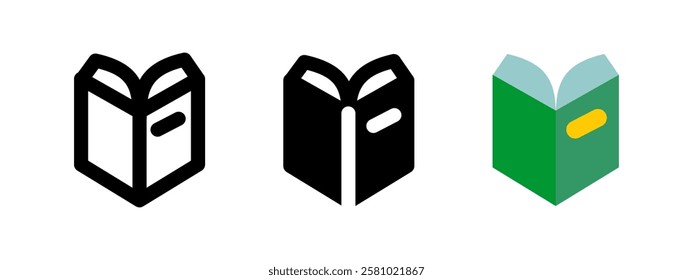 Open book icon. Reading and education sign. Literature and knowledge symbol. Study and learning pictogram. Academic research and information illustration.