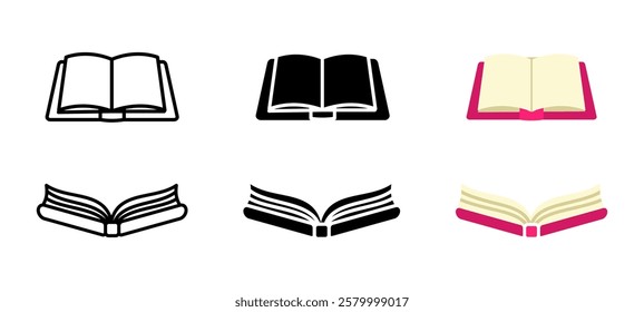 Open book icon. Reading and learning sign. Literature and knowledge symbol. Textbook and story pages pictogram. Library study illustration.